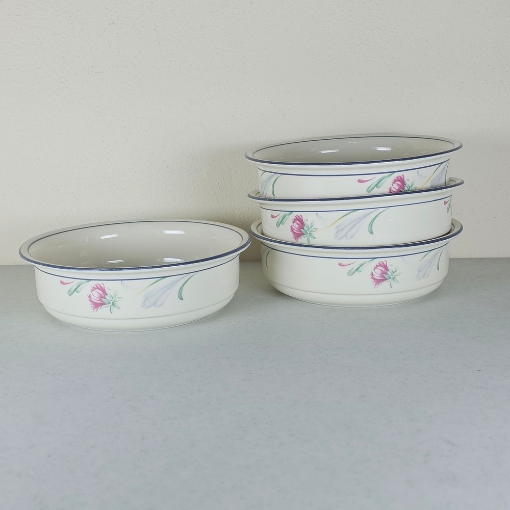 Lenox Chinastone Made in USA Poppies on Blue 6 1/4" Bowls Set of 4 Soup Cereal